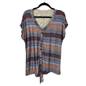 Alison Andrews Button Up Paisley Multicolor T-Shirt Crochet Back Womens Size XL